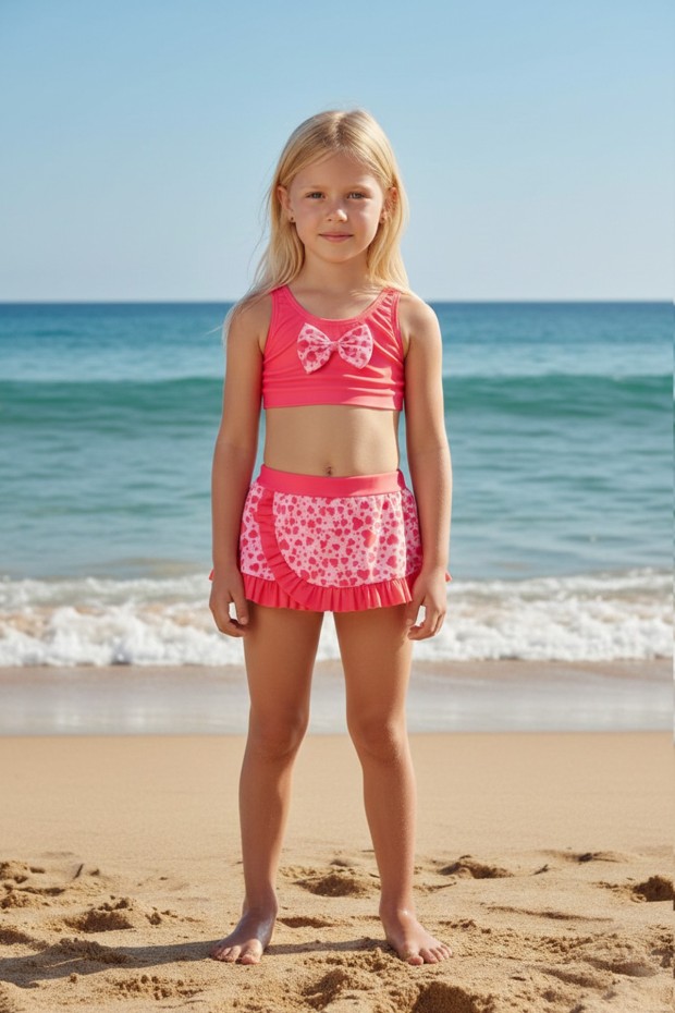 Kız Çocuk Polyester + Elastan Kırmızı Kalp Desenli Fiyonk Detaylı Etekli Şık ve Esnek Yüzücü Mayosu