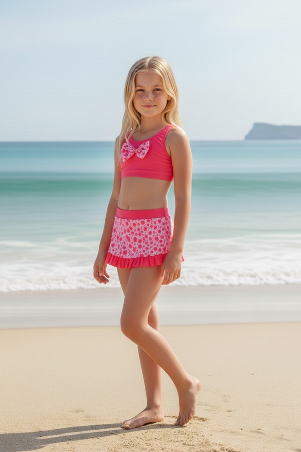 Garson Kız Çocuk Polyester + Elastan Kırmızı Kalp Desenli Fiyonk Detaylı Etekli Şık ve Esnek Yüzücü Mayosu