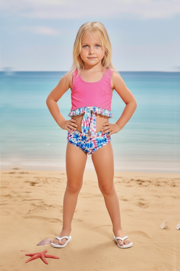 Kız Çocuk Polyester + Elastan Göğsü Fırfırlı ve Düğüm Detaylı Altı Renkli Tie Dye Desenli İki Parça Bikini Mayo