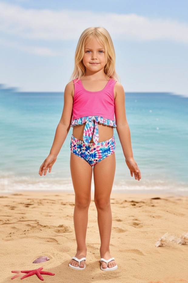 Kız Çocuk Polyester + Elastan Göğsü Fırfırlı ve Düğüm Detaylı Altı Renkli Tie Dye Desenli İki Parça Bikini Mayo