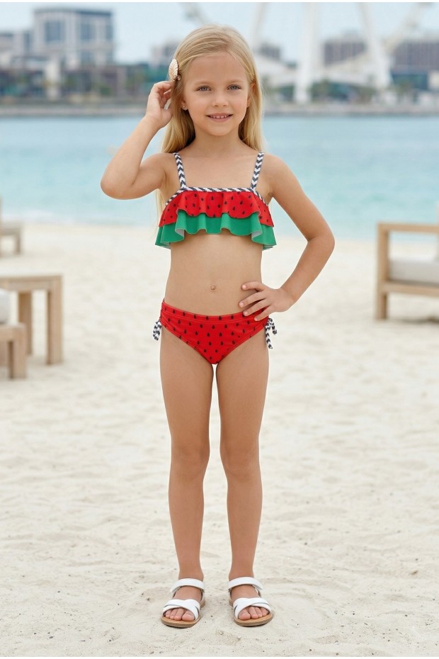 Kız Çocuk Polyester + Elastan Karpuz Desenli Çizgili Askılı ve Yanları Bağlamalı Şık Tasarım İkili Mayo