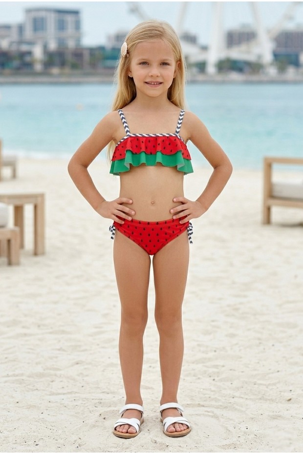 Kız Çocuk Polyester + Elastan Karpuz Desenli Çizgili Askılı ve Yanları Bağlamalı Şık Tasarım İkili Mayo