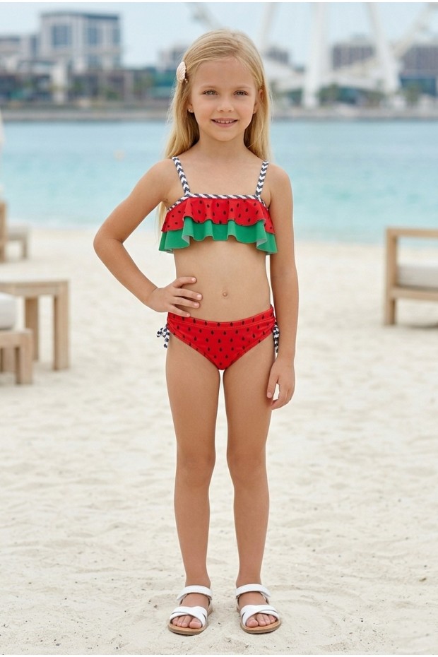 Kız Çocuk Polyester + Elastan Karpuz Desenli Çizgili Askılı ve Yanları Bağlamalı Şık Tasarım İkili Mayo