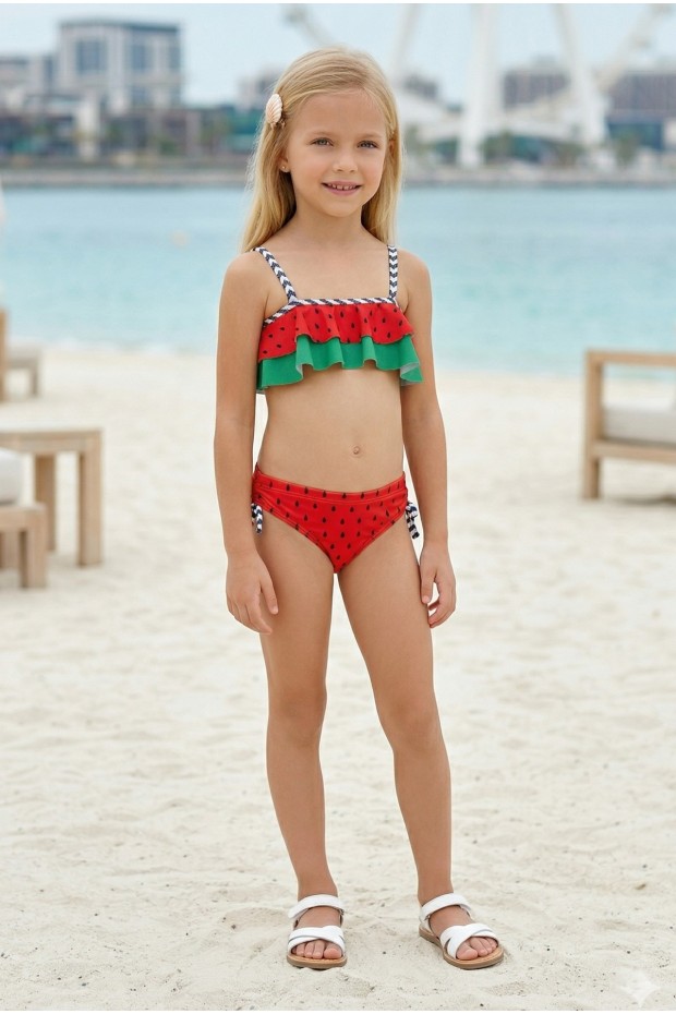 Kız Çocuk Polyester + Elastan Karpuz Desenli Çizgili Askılı ve Yanları Bağlamalı Şık Tasarım İkili Mayo
