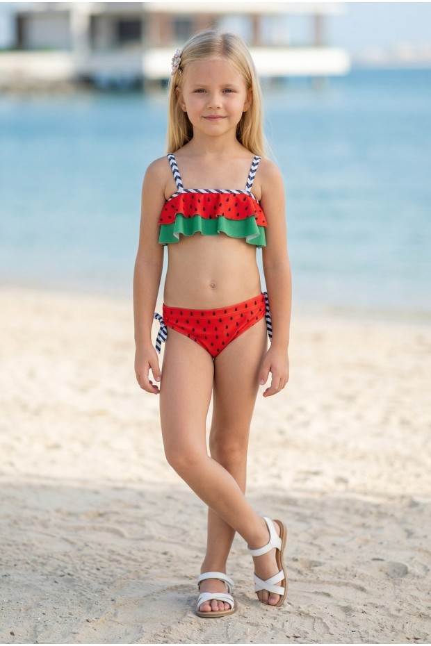 Kız Çocuk Polyester + Elastan Karpuz Desenli Çizgili Askılı ve Yanları Bağlamalı Şık Tasarım İkili Mayo