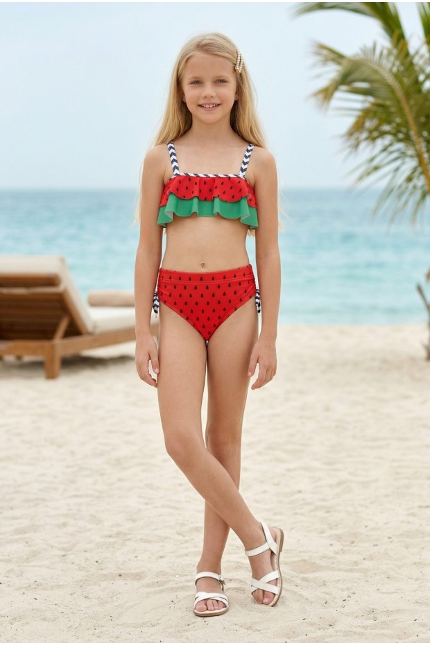 Garson Kız Çocuk Polyester + Elastan Karpuz Desenli Çizgili Askılı ve Yanları Bağlamalı Şık Tasarım İkili Mayo