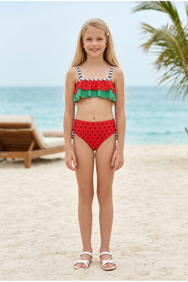 Garson Kız Çocuk Polyester + Elastan Karpuz Desenli Çizgili Askılı ve Yanları Bağlamalı Şık Tasarım İkili Mayo