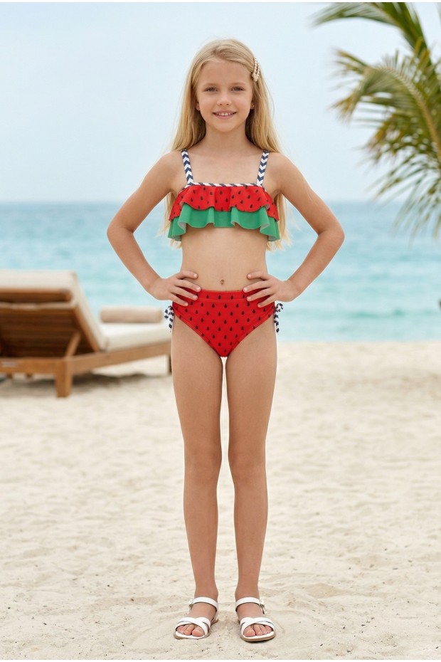 Garson Kız Çocuk Polyester + Elastan Karpuz Desenli Çizgili Askılı ve Yanları Bağlamalı Şık Tasarım İkili Mayo