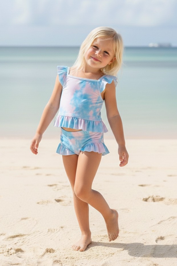 Kız Çocuk Polyester + Elastan Batik Desenli  Askılı Fırfırlı  Şık Tasarım Yüzücü Mayosu