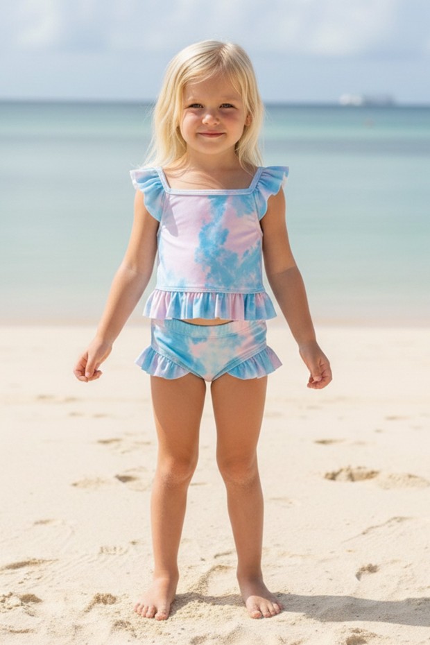 Kız Çocuk Polyester + Elastan Batik Desenli  Askılı Fırfırlı  Şık Tasarım Yüzücü Mayosu