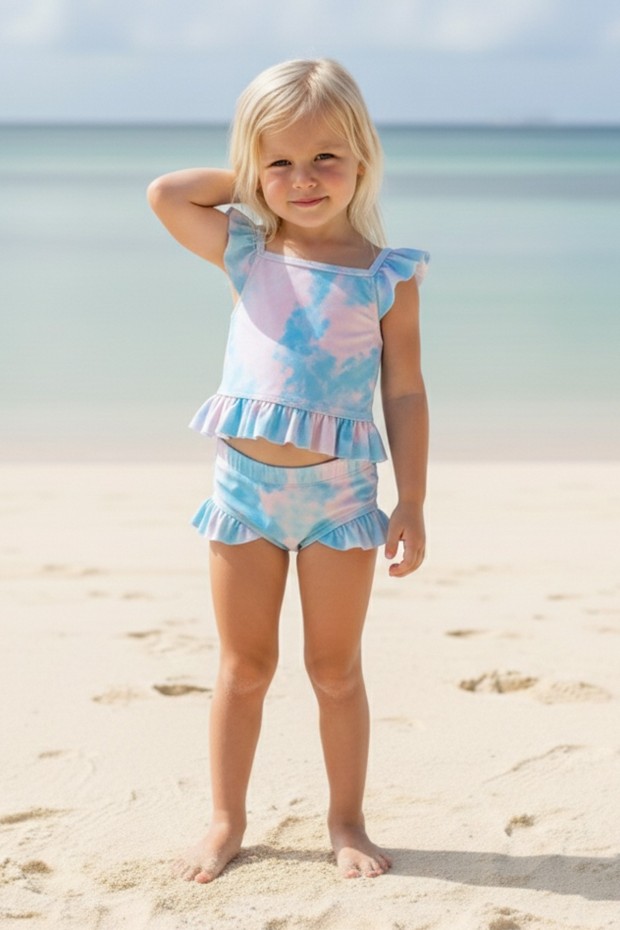 Kız Çocuk Polyester + Elastan Batik Desenli  Askılı Fırfırlı  Şık Tasarım Yüzücü Mayosu