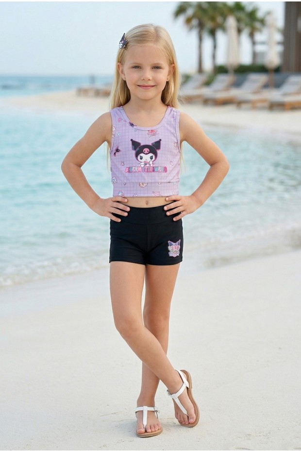 Kız Çocuk Polyester + Elastan Karakter Baskılı Büstiyer ve Boxer Şort İkili Mayo