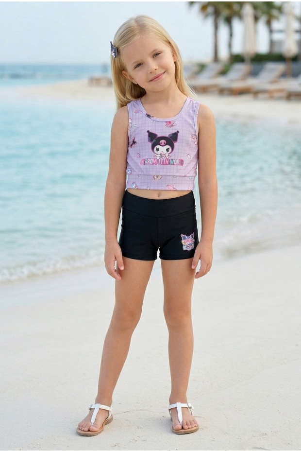 Kız Çocuk Polyester + Elastan Karakter Baskılı Büstiyer ve Boxer Şort İkili Mayo