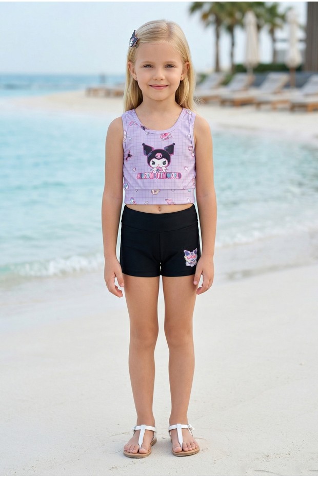 Kız Çocuk Polyester + Elastan Karakter Baskılı Büstiyer ve Boxer Şort İkili Mayo