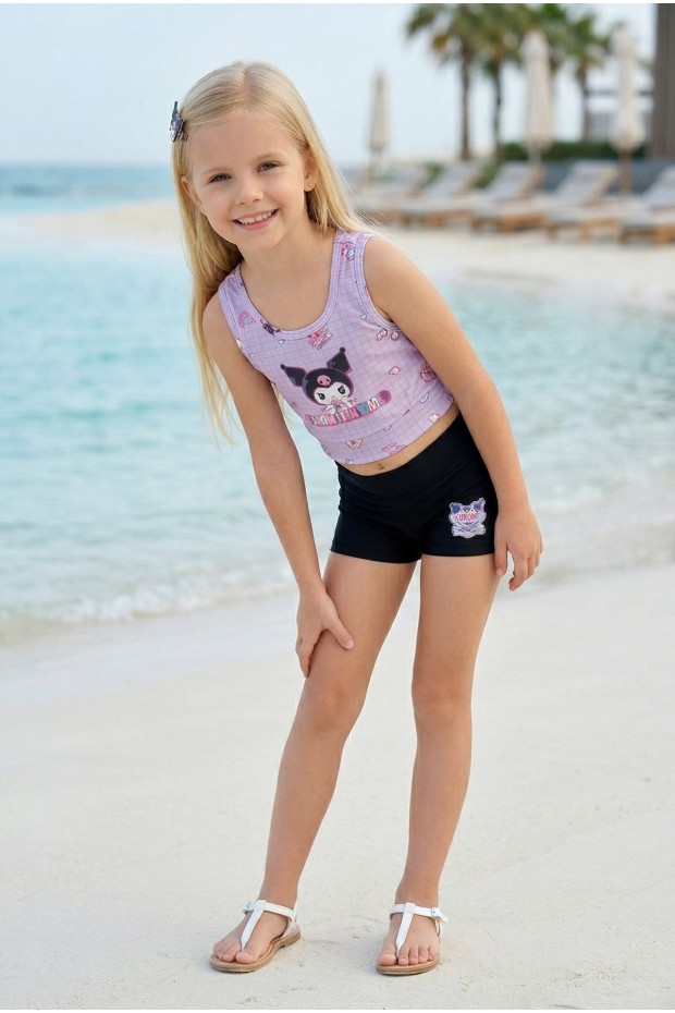 Kız Çocuk Polyester + Elastan Karakter Baskılı Büstiyer ve Boxer Şort İkili Mayo