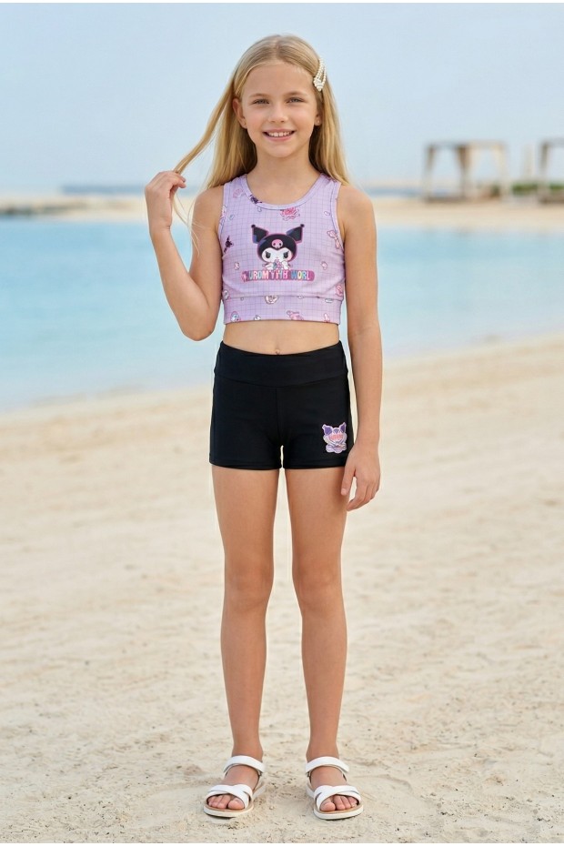 Garson Kız Çocuk Polyester + Elastan Karakter Baskılı Büstiyer ve Boxer Şort İkili Mayo