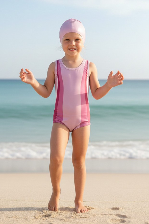 Kız Çocuk Polyester + Elastan Renk Geçişli Bone Hediyeli Yarım Şortlu Profesyonel Yüzücü Mayosu