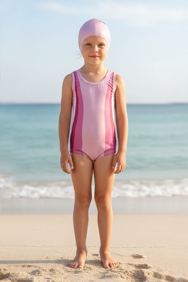 Kız Çocuk Polyester + Elastan Renk Geçişli Bone Hediyeli Yarım Şortlu Profesyonel Yüzücü Mayosu