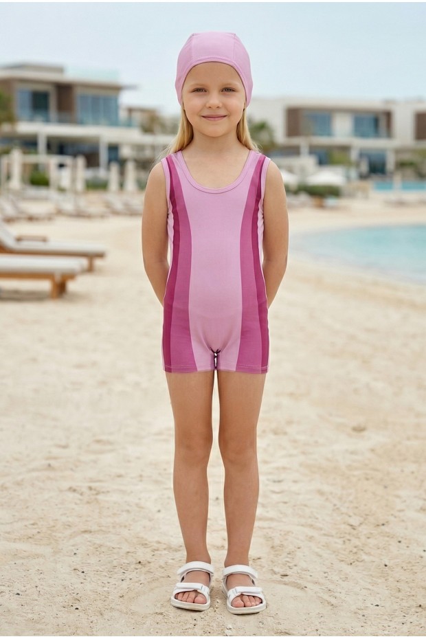 Kız Çocuk Polyester + Elastan Renk Geçişli Bone Hediyeli Yarım Şortlu Profesyonel Yüzücü Mayosu
