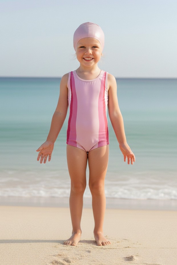 Kız Çocuk Polyester + Elastan Renk Geçişli Bone Hediyeli Yarım Şortlu Profesyonel Yüzücü Mayosu