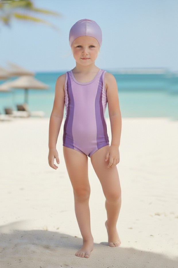 Kız Çocuk Polyester + Elastan Renk Geçişli Bone Hediyeli Yarım Şortlu Profesyonel Yüzücü Mayosu
