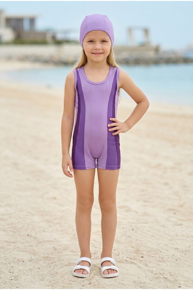 Kız Çocuk Polyester + Elastan Renk Geçişli Bone Hediyeli Yarım Şortlu Profesyonel Yüzücü Mayosu