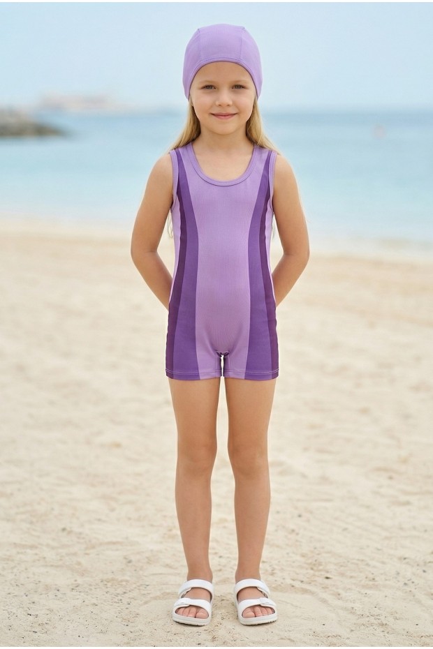 Kız Çocuk Polyester + Elastan Renk Geçişli Bone Hediyeli Yarım Şortlu Profesyonel Yüzücü Mayosu