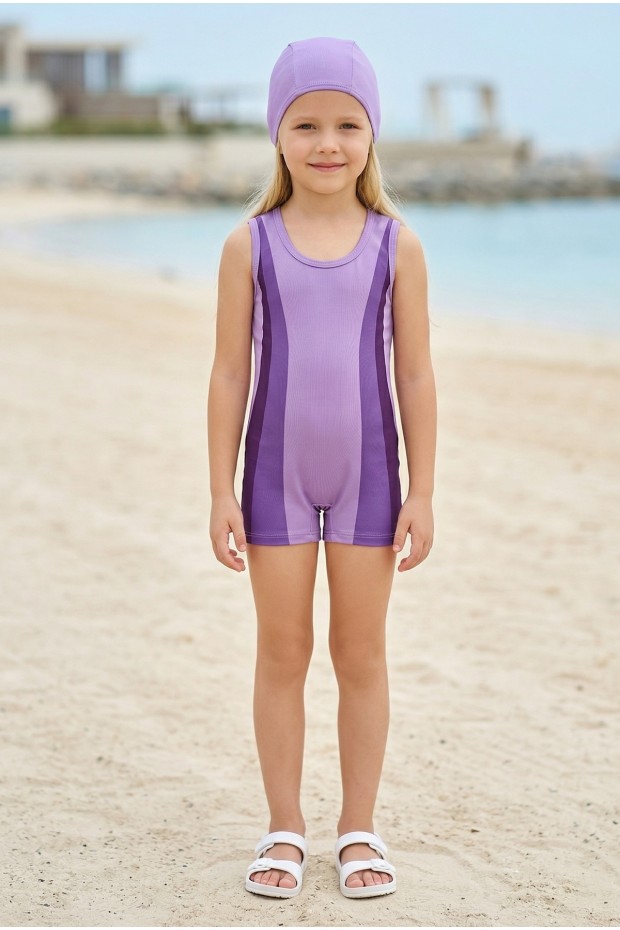 Kız Çocuk Polyester + Elastan Renk Geçişli Bone Hediyeli Yarım Şortlu Profesyonel Yüzücü Mayosu