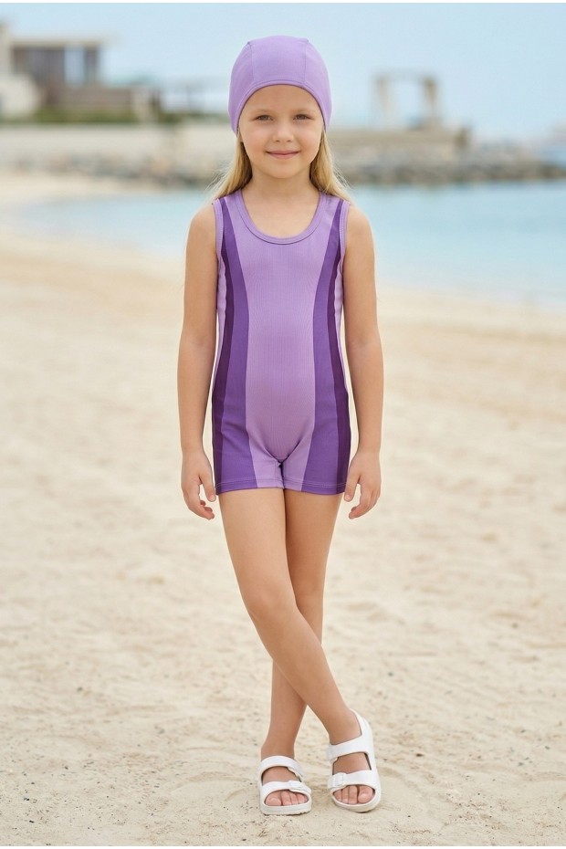 Kız Çocuk Polyester + Elastan Renk Geçişli Bone Hediyeli Yarım Şortlu Profesyonel Yüzücü Mayosu
