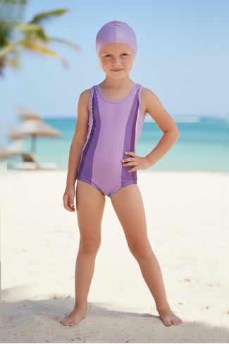 Kız Çocuk Polyester + Elastan Renk Geçişli Bone Hediyeli Yarım Şortlu Profesyonel Yüzücü Mayosu