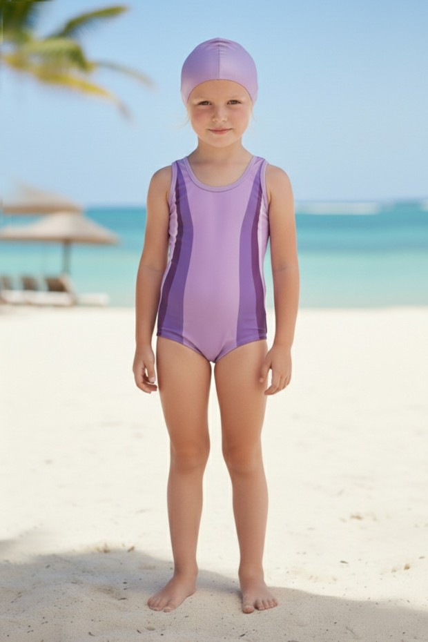 Kız Çocuk Polyester + Elastan Renk Geçişli Bone Hediyeli Yarım Şortlu Profesyonel Yüzücü Mayosu