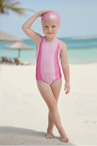 Kız Çocuk Polyester + Elastan Renk Geçişli Bone Hediyeli Yarım Şortlu Profesyonel Yüzücü Mayosu