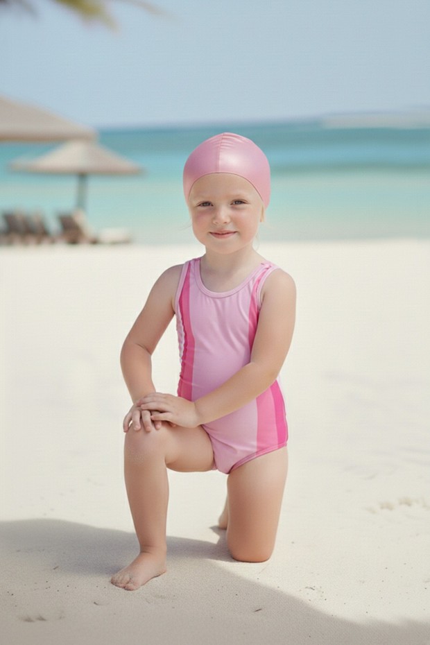 Kız Çocuk Polyester + Elastan Renk Geçişli Bone Hediyeli Yarım Şortlu Profesyonel Yüzücü Mayosu