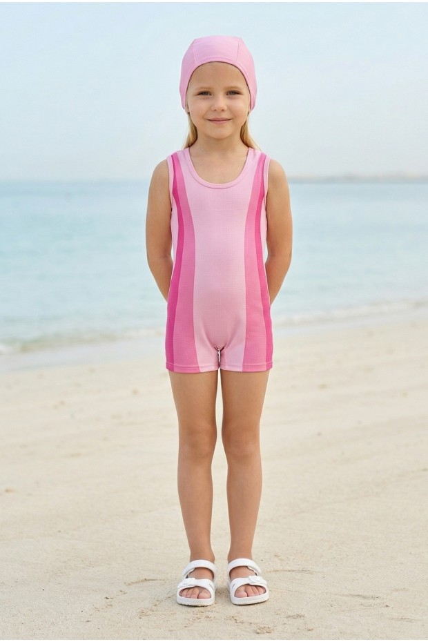 Kız Çocuk Polyester + Elastan Renk Geçişli Bone Hediyeli Yarım Şortlu Profesyonel Yüzücü Mayosu