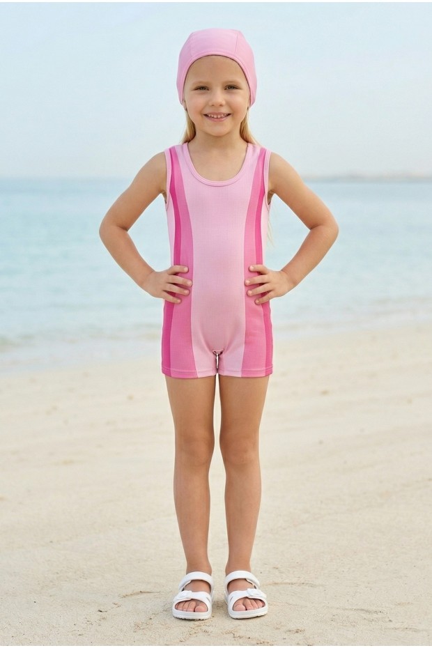 Kız Çocuk Polyester + Elastan Renk Geçişli Bone Hediyeli Yarım Şortlu Profesyonel Yüzücü Mayosu