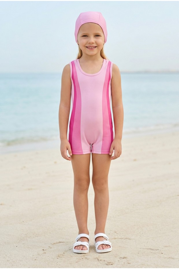 Kız Çocuk Polyester + Elastan Renk Geçişli Bone Hediyeli Yarım Şortlu Profesyonel Yüzücü Mayosu