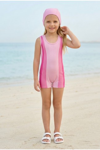Kız Çocuk Polyester + Elastan Renk Geçişli Bone Hediyeli Yarım Şortlu Profesyonel Yüzücü Mayosu