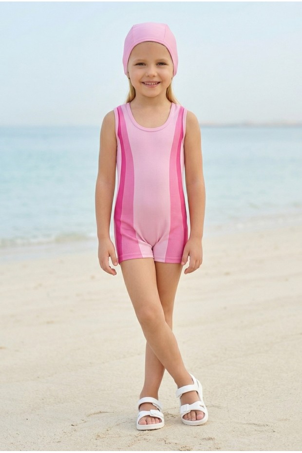 Kız Çocuk Polyester + Elastan Renk Geçişli Bone Hediyeli Yarım Şortlu Profesyonel Yüzücü Mayosu