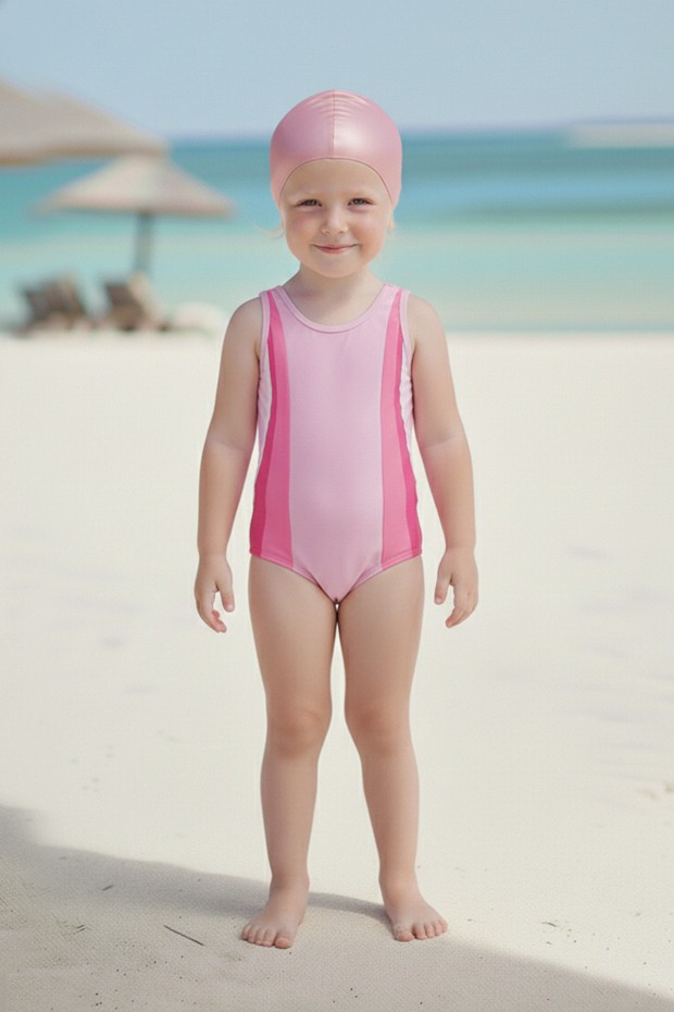 Kız Çocuk Polyester + Elastan Renk Geçişli Bone Hediyeli Yarım Şortlu Profesyonel Yüzücü Mayosu