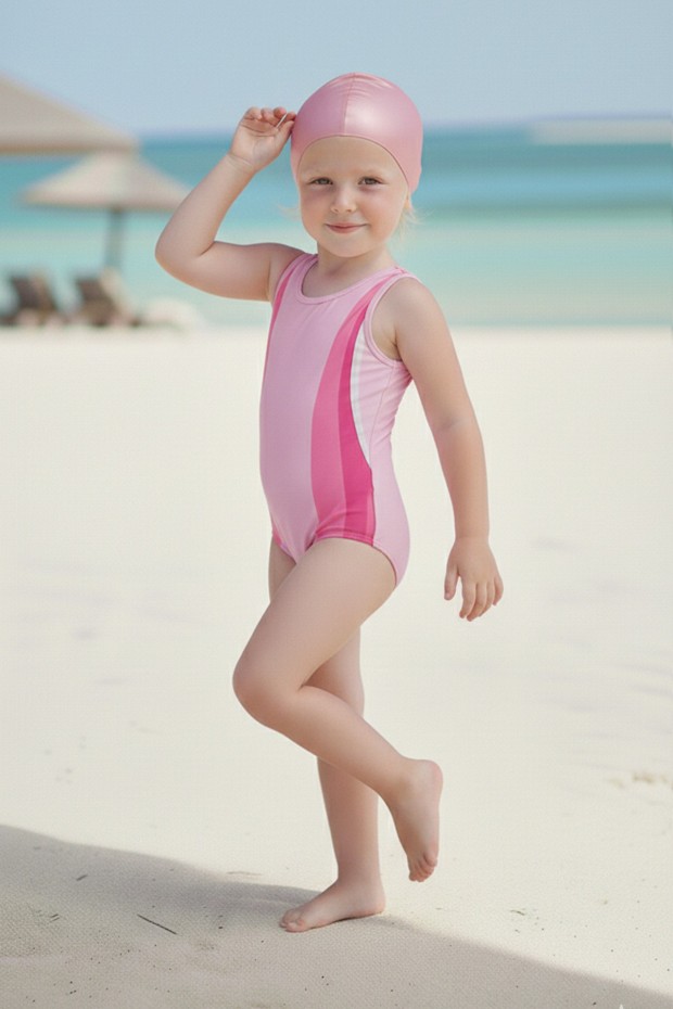 Kız Çocuk Polyester + Elastan Renk Geçişli Bone Hediyeli Yarım Şortlu Profesyonel Yüzücü Mayosu