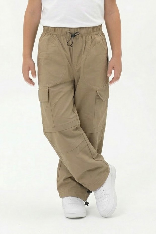 Erkek Çocuk Beli ve Paçası Ayarlanabilir Lastikli Kargo Cepli Relax Kalıp Paraşüt Kumaş Pantolon