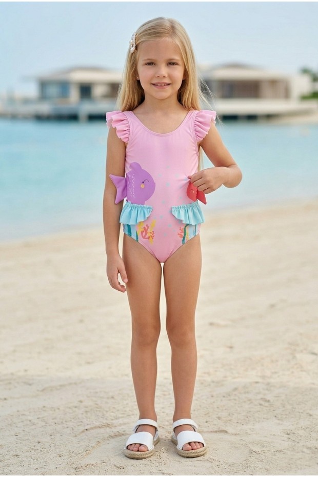 Kız Çocuk Polyester + Elastan Balık Desenli Omuzları Fırfırlı ve Belden Yan Yüzgeç Detaylı Şık Tasarım Mayo