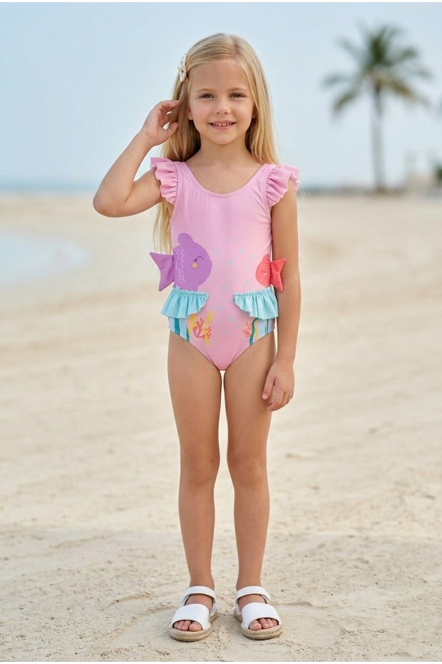 Kız Çocuk Polyester + Elastan Balık Desenli Omuzları Fırfırlı ve Belden Yan Yüzgeç Detaylı Şık Tasarım Mayo