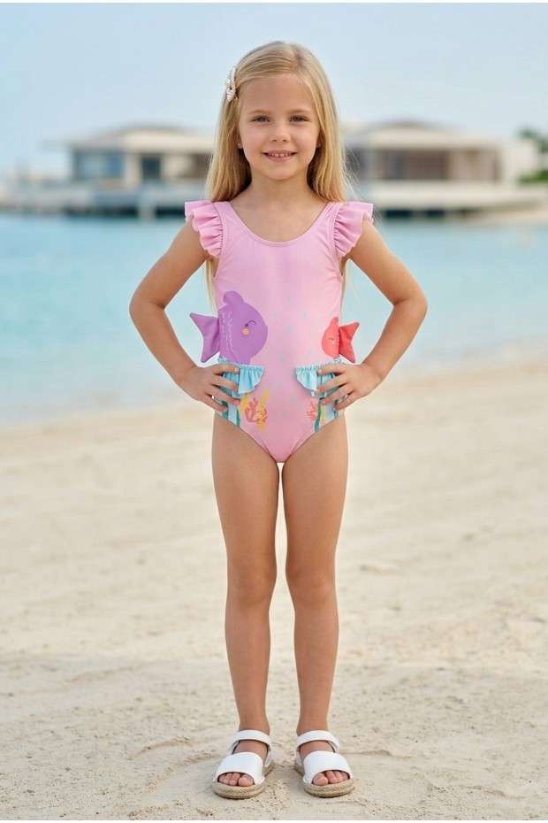 Kız Çocuk Polyester + Elastan Balık Desenli Omuzları Fırfırlı ve Belden Yan Yüzgeç Detaylı Şık Tasarım Mayo