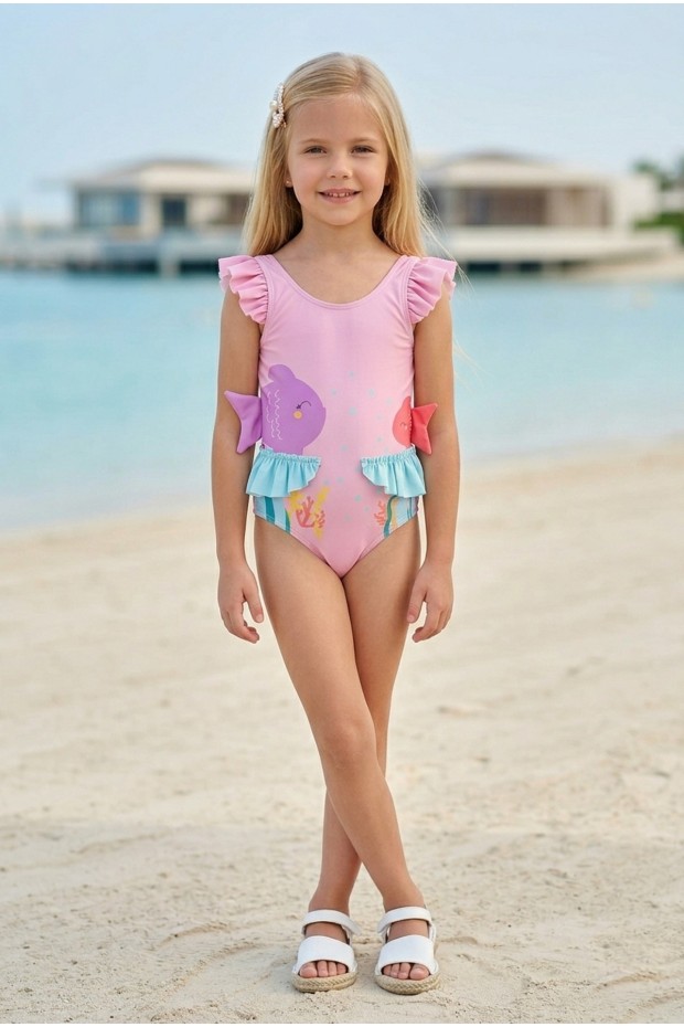 Kız Çocuk Polyester + Elastan Balık Desenli Omuzları Fırfırlı ve Belden Yan Yüzgeç Detaylı Şık Tasarım Mayo