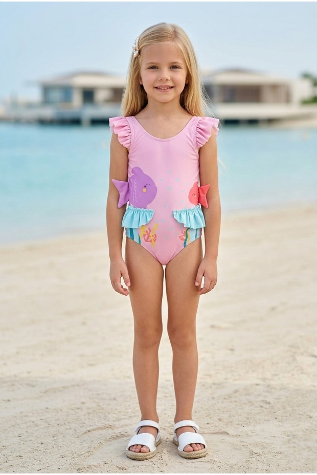 Kız Çocuk Polyester + Elastan Balık Desenli Omuzları Fırfırlı ve Belden Yan Yüzgeç Detaylı Şık Tasarım Mayo