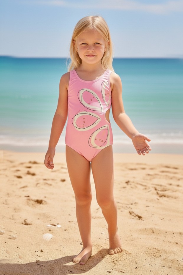 Kız Çocuk Polyester + Elastan Bel Deşenli ve Yan Pencere Detaylı Çiçekli Modern Tasarım Yüzücü Mayosu