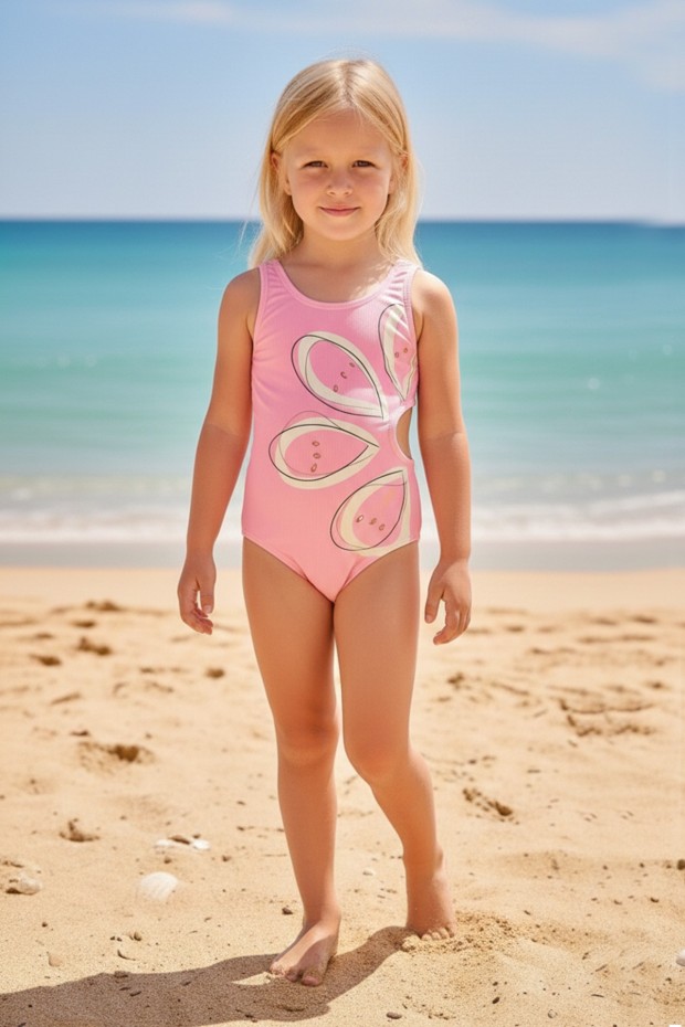 Kız Çocuk Polyester + Elastan Bel Deşenli ve Yan Pencere Detaylı Çiçekli Modern Tasarım Yüzücü Mayosu