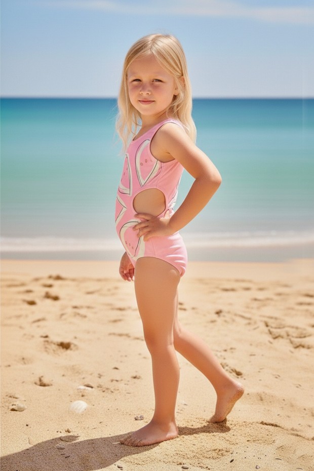 Kız Çocuk Polyester + Elastan Bel Deşenli ve Yan Pencere Detaylı Çiçekli Modern Tasarım Yüzücü Mayosu