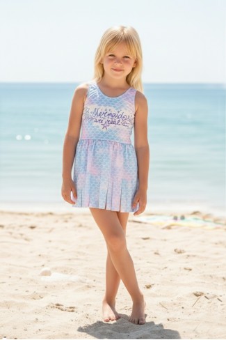 Kız Çocuk Polyester + Elastan Deniz Kızı Pullu Desenli ve Püskül Etekli Şık Tasarım Yüzücü Mayosu